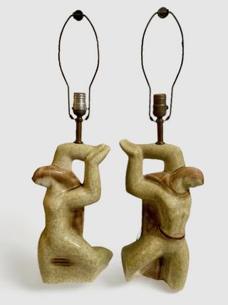 Cubist Sculptural Heifetz Ceramic Figural Table Lamps (pr)
