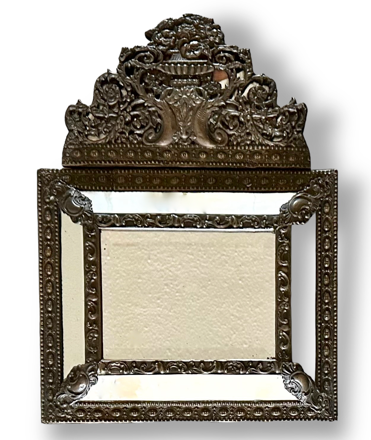 19th C. Burnished Brass Repousse Wall Mirror