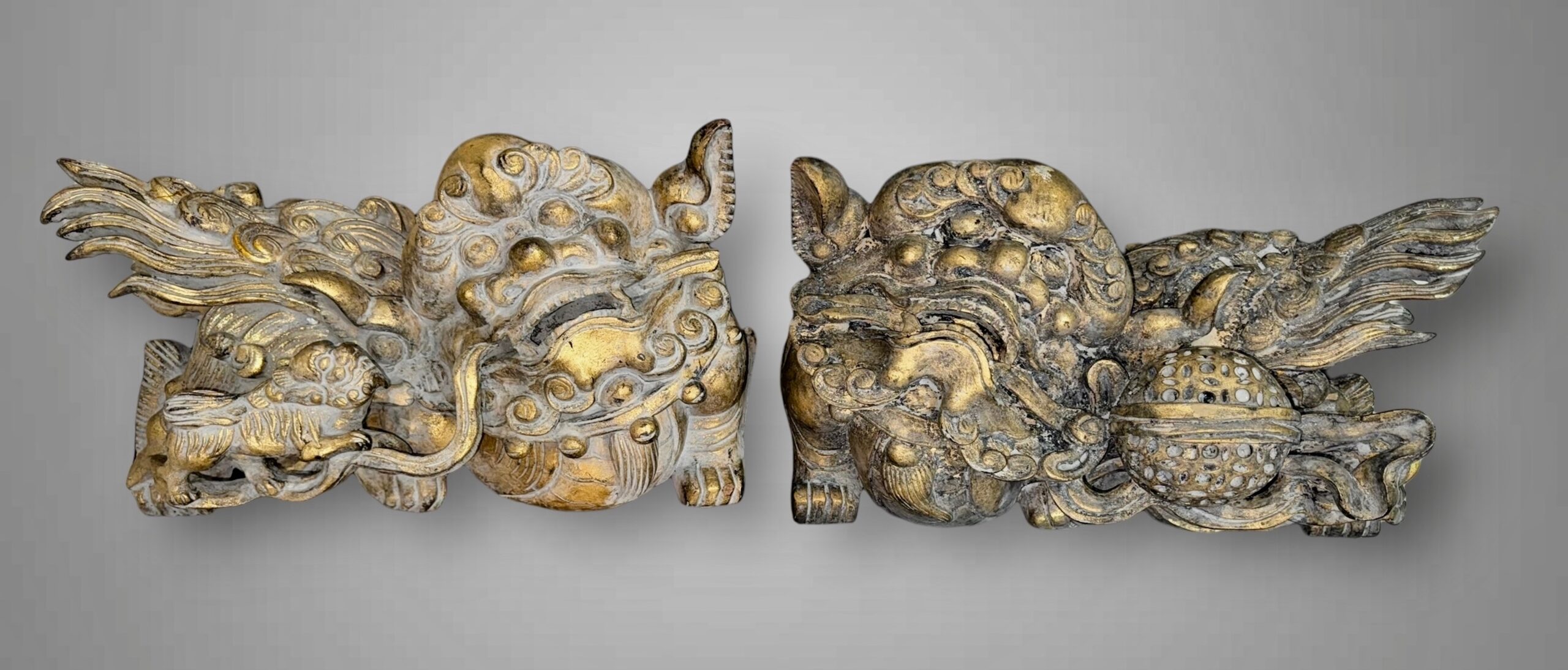 Chinese Giltwood Foo Dogs-Lion Temple Carvings