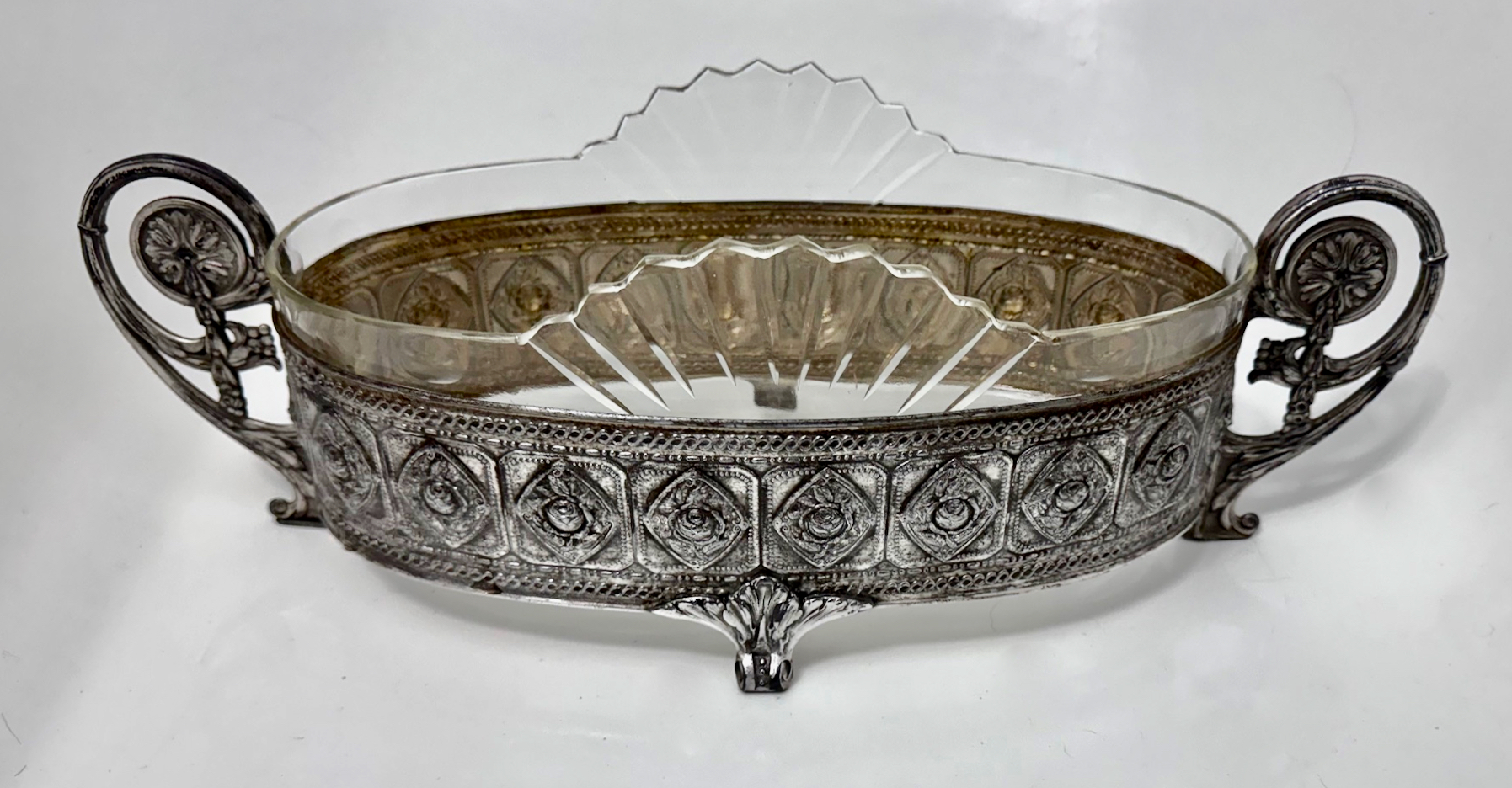 Art Deco Nouveau Silver Plated French Jardiniere w/ Original Glass Insert