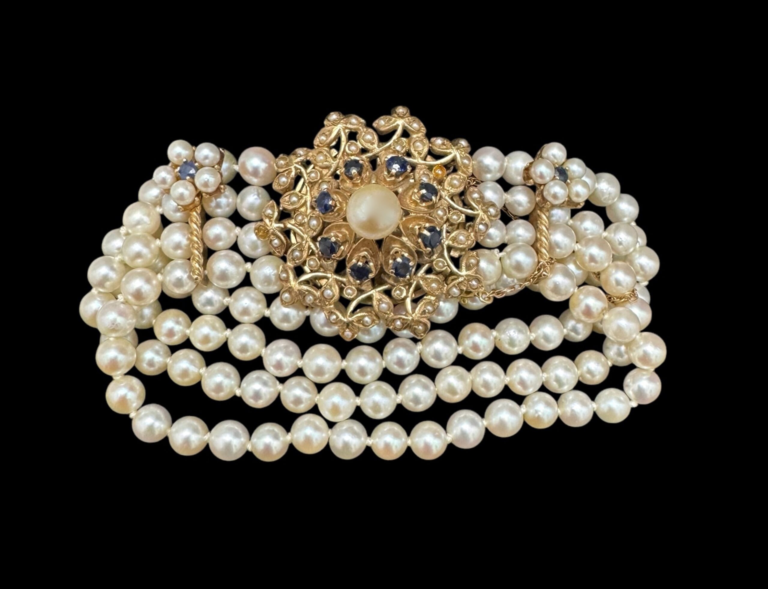 14k Four Strand Culture Pearl Bracelet Set With Sapphires