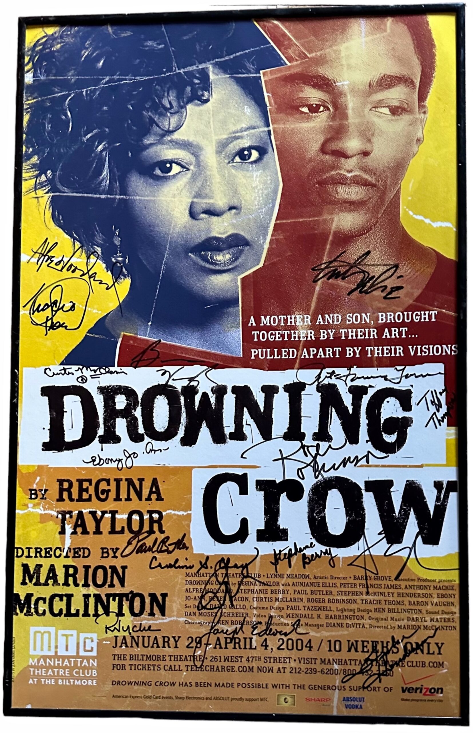 DROWNING CROW, Broadway Theater Window Card Signed By Cast, 2004