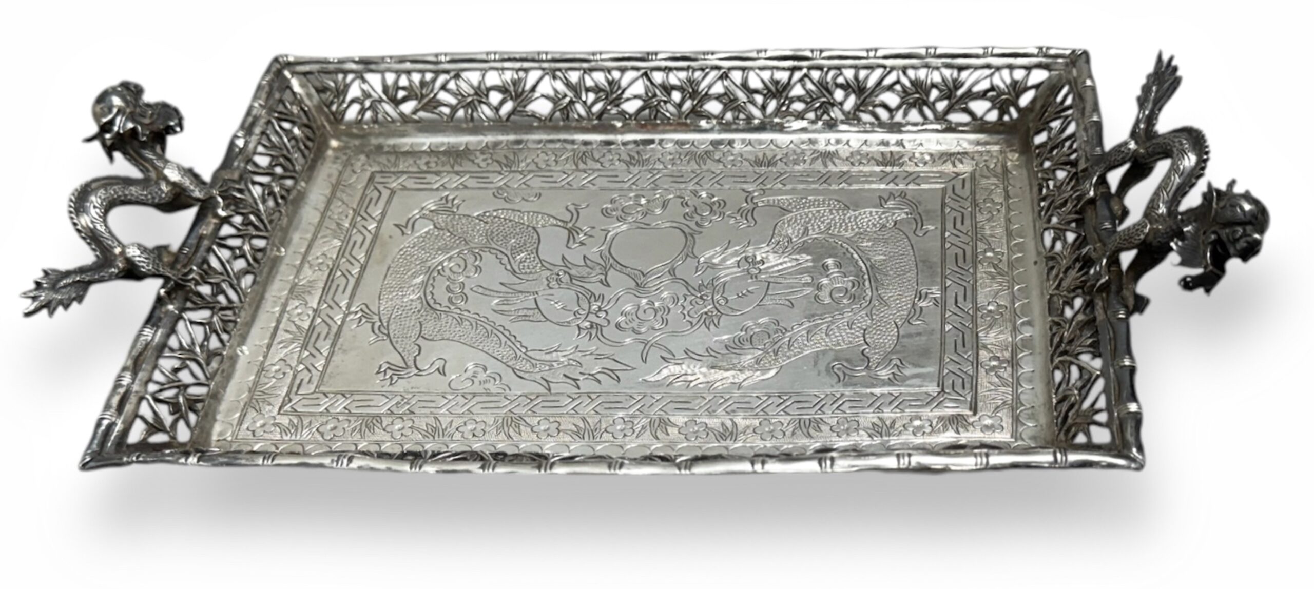 Antique Chinese Export Twin-Handled Silver Dragon Tray