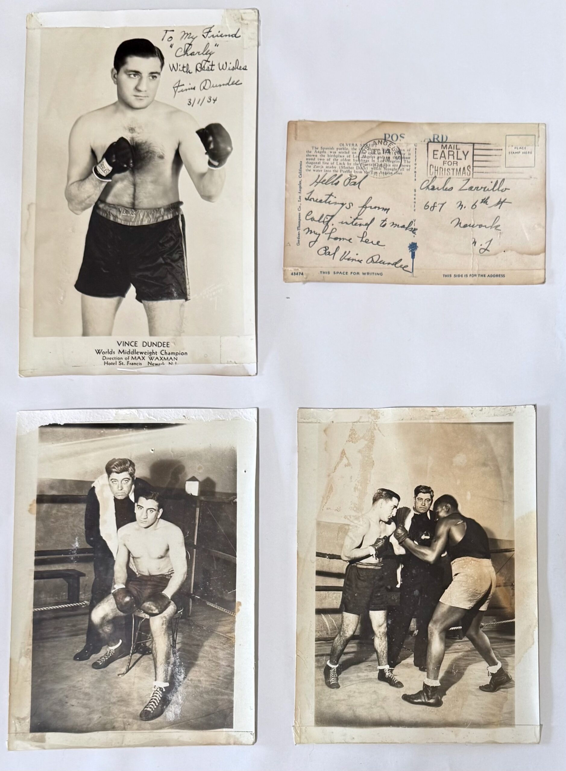 Boxing Memorabilia, Vince Dundee Original Inscribed Photographs