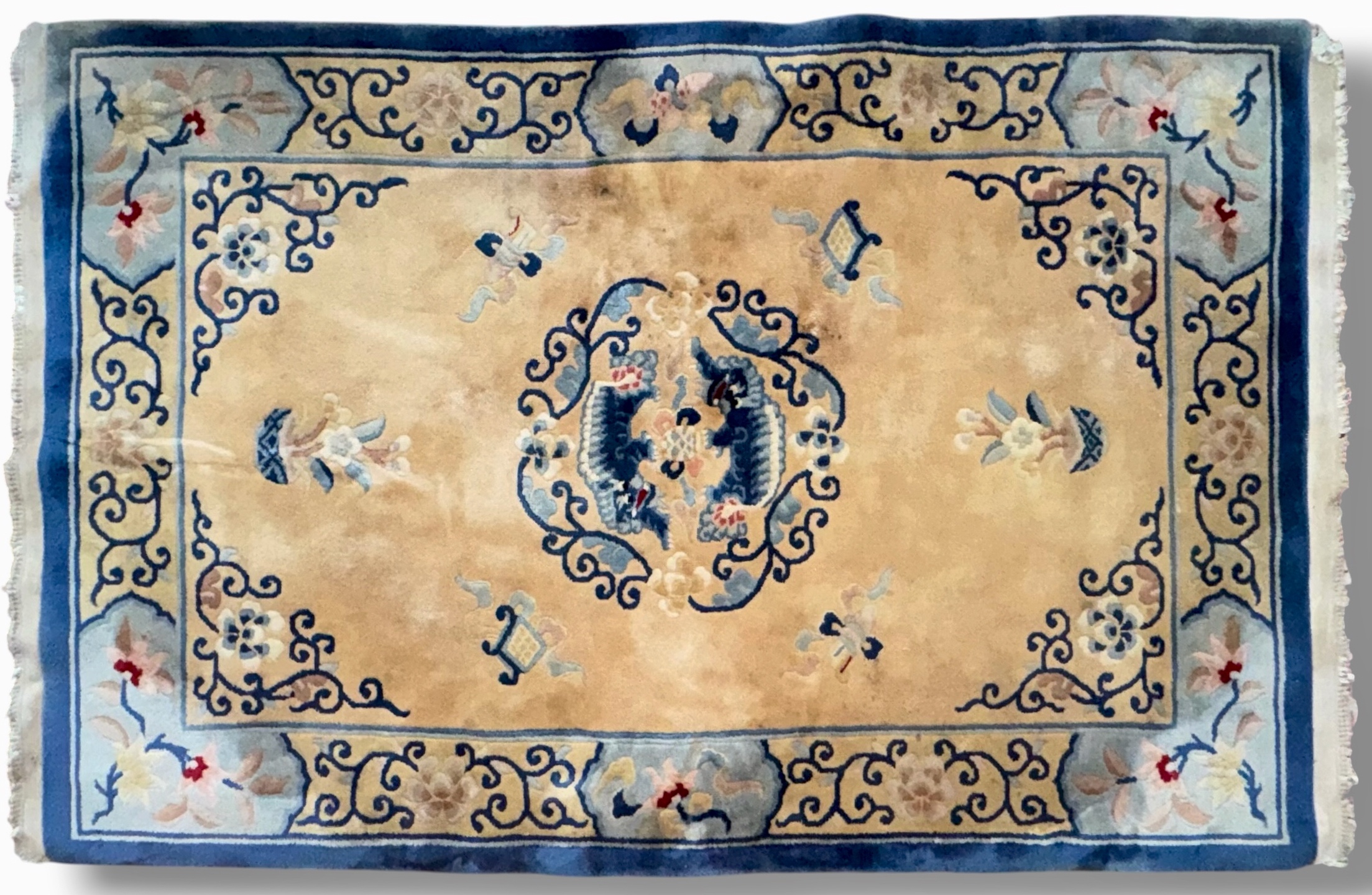 Art Deco Tibetan Handwoven Foo Dog Rug