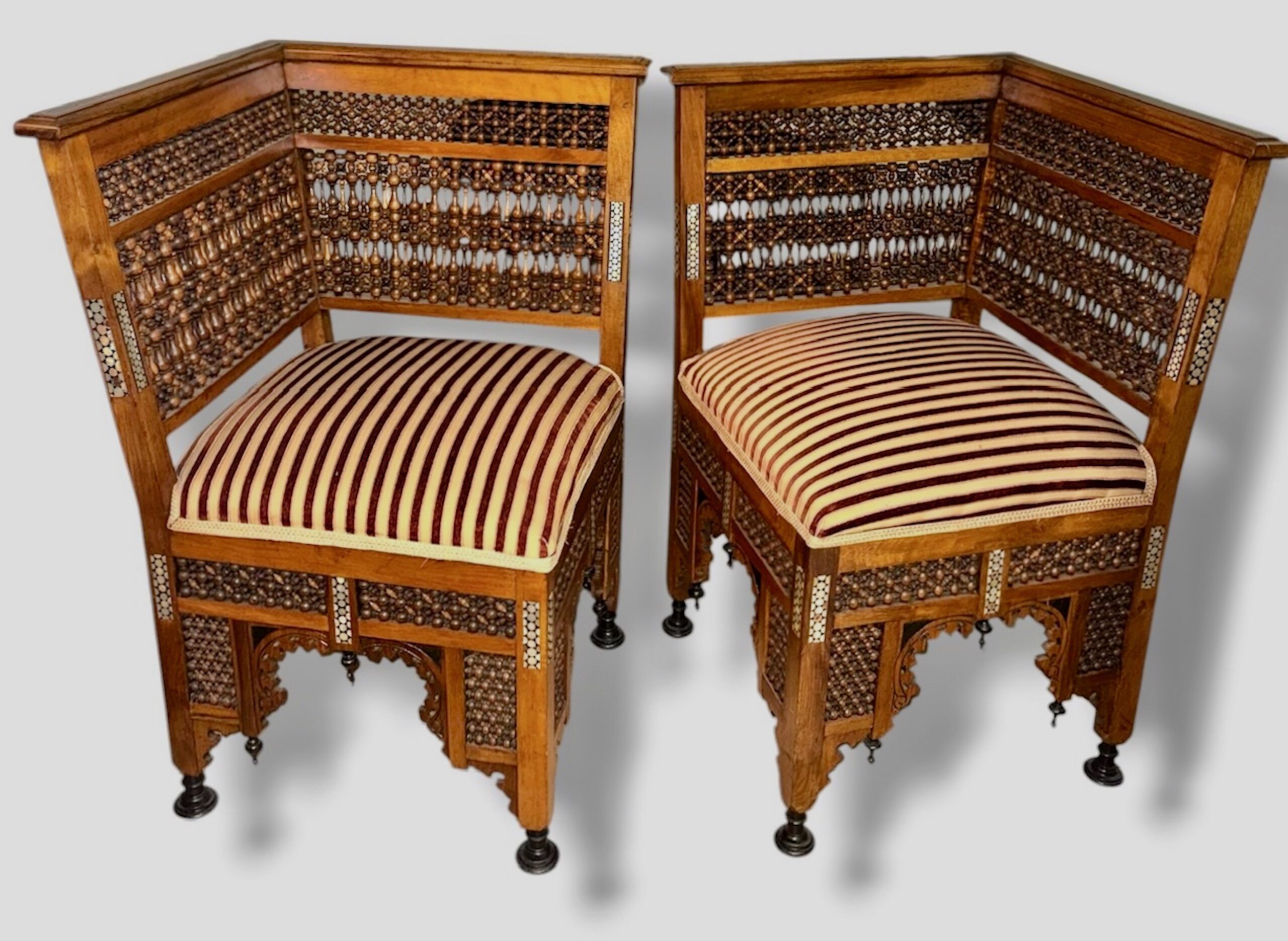 Pair, 19th C. Islamic Moorish Walnut Corner Chairs 