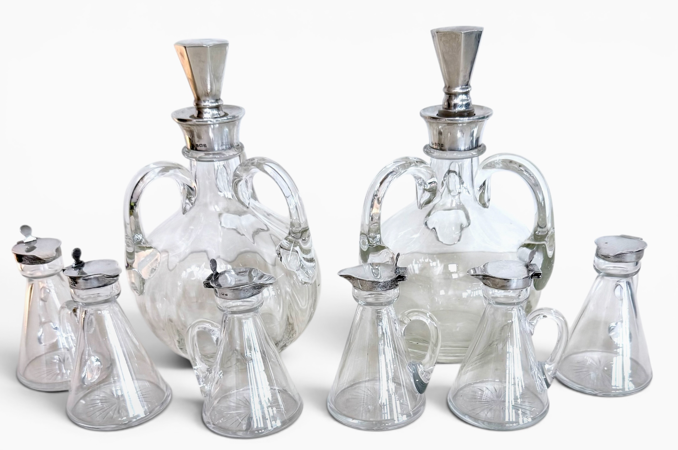 Philip Oriel Pr: Sterling Silver & Crystal Decanters w/ Six Whisky Noggins, England