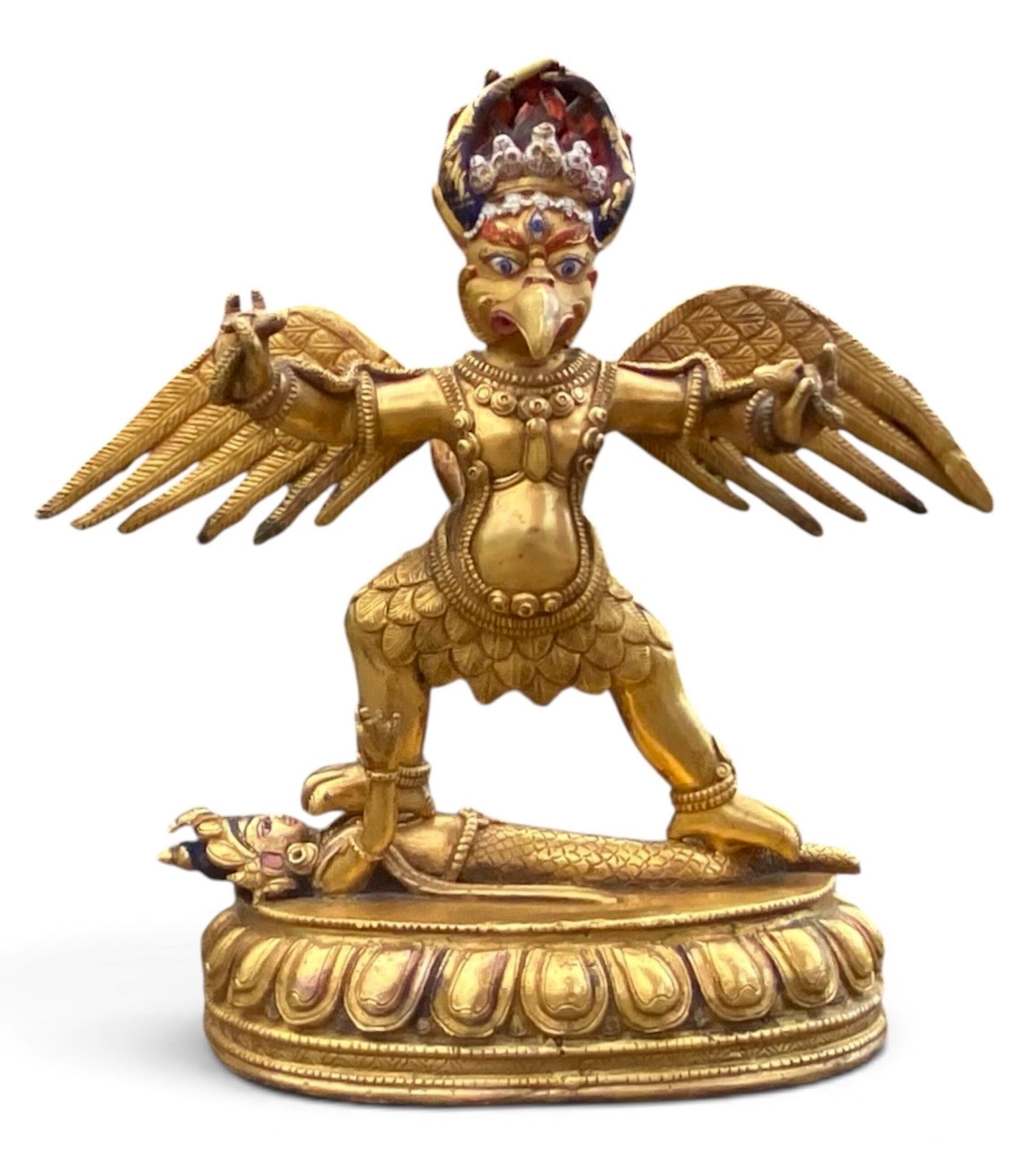 Antique Gilt Bronze Tibetan Garuda With Naga, Sculpture