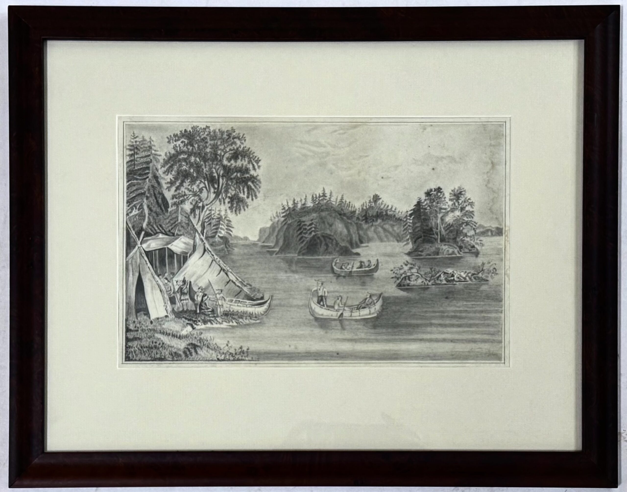 19th C. American Frontier Drawing, Native Americans and European Traders